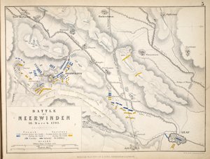 Mapa bitvy u Neerwindenu, kterou vydal William Blackwood and Sons, Edinburgh und London, 1848 (ručně kolorovaná rytina)